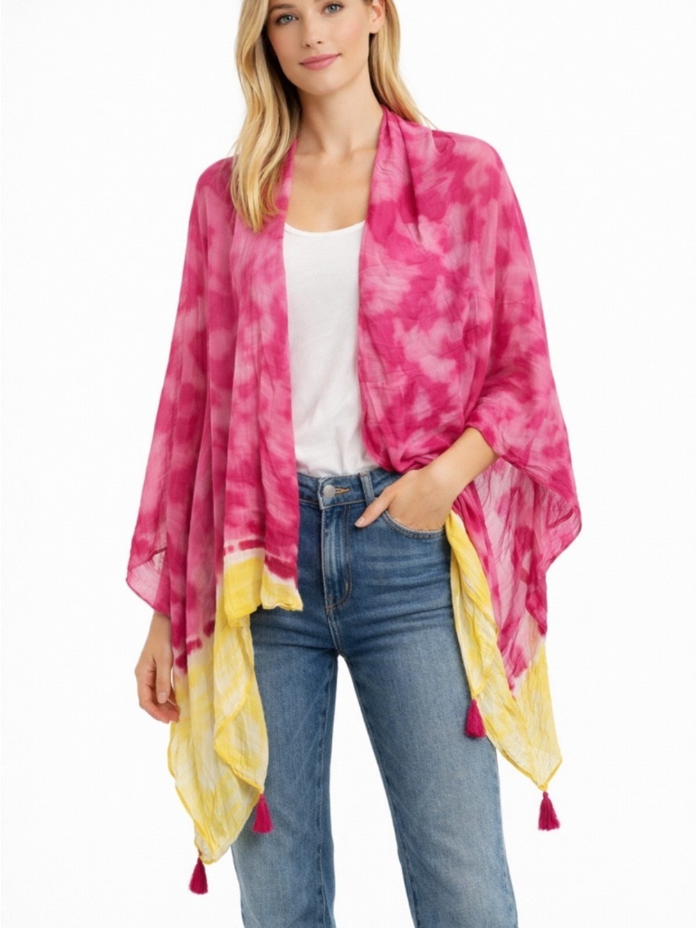 Aqua Tie Dye Tassel Shawl Wrap Pink Yellow Lightweight Kimono NWT 36274